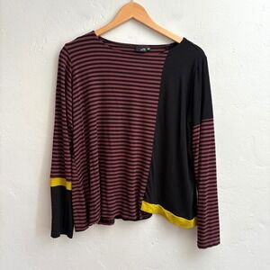 Lisa Bayne Striped Top Women Size Medium Brown Black Long Sleeve Color Block